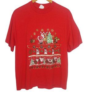 Vintage Christmas OSFA T Shirt College Ware USA Red Glitter Santa Reindeer Tree